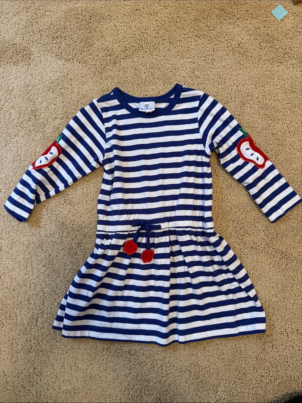 Florence Eiseman Navy and White Striped Cherry and Apple Dress